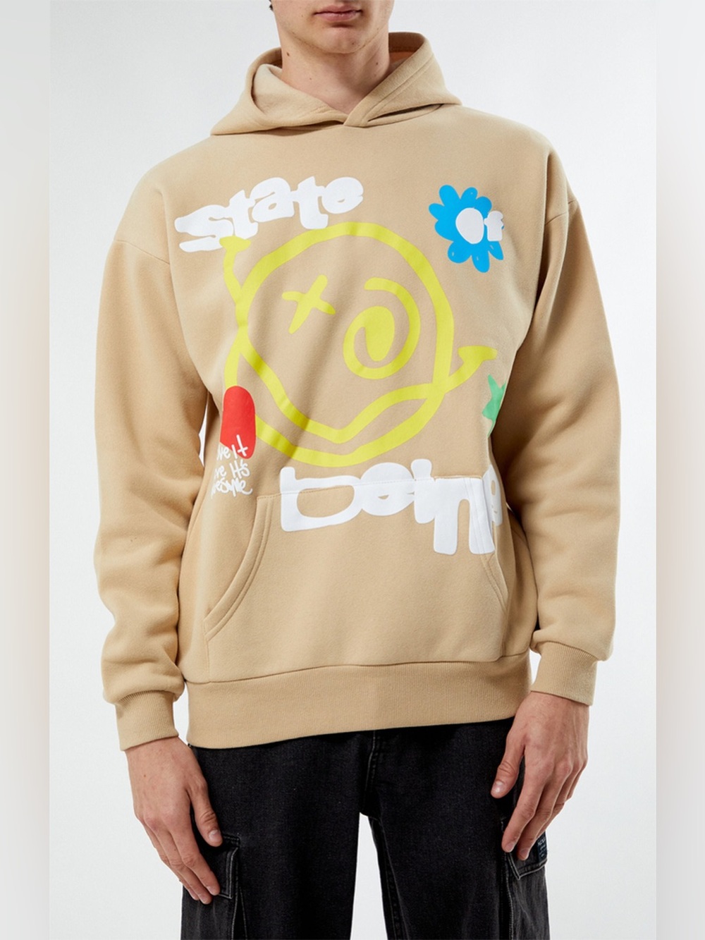 PacSun Mens State of Being Graphic Hoodie Tan Khaki Smiley Face Sweatshirt M